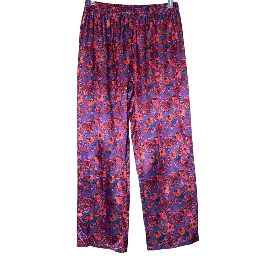 Vintage Satin Wide Leg Pants Bold Artsy Floral All Over Print Festival Medium